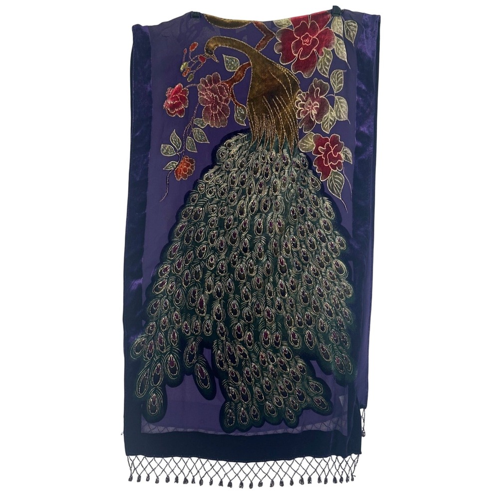 Lucy's Silk Peacock Velvet Fringe Shawl Wrap Women OS Purple Art Nouveau Boho